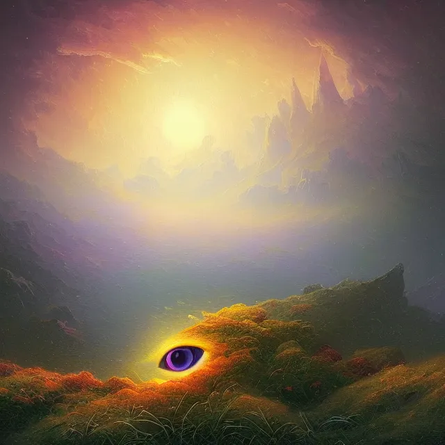Image similar to a closeup view of the beautiful human eye, iris of the human eye, iris turning into landscapes, fantasy landscape, colorful, sharp and focus, ultra detailed, beautifully lit landscape, astrophotography, in the art style of dan mumford, ivan aivazovsky and marc simonetti