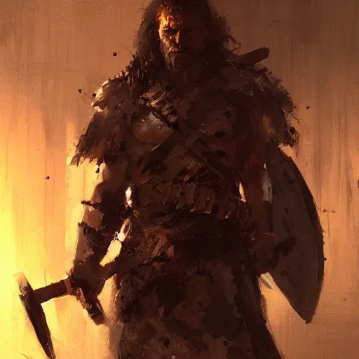 Image similar to Portrait painting of a barbarian warrior by greg rutkowski and Craig Mullins, Dark atmospheric and cinematic lighting