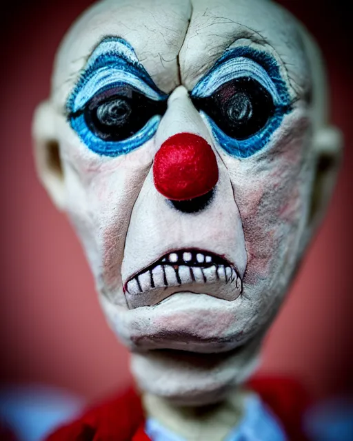 Image similar to a creepy paper mache doll of a scary clown donald trump, realistic, very detailed, complex, intricate, studio lighting, bokeh, sigma 5 0 mm f 1. 4