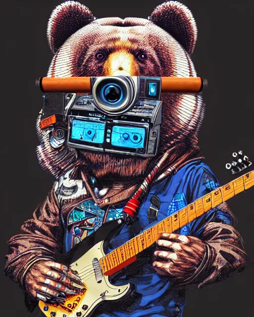 Image similar to a portrait of an anthropomorphic cyberpunk bear shredding an electric guitar by sandra chevrier, by jon foster, detailed render, tape deck, epic composition, cybernetics, 4 k realistic, cryengine, realistic shaded lighting, sharp focus, masterpiece, by enki bilal