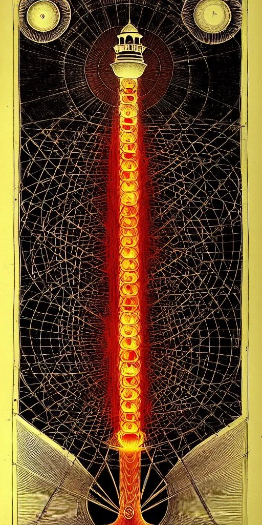 Image similar to an alchemical fiery lighthouse radiates a unique canto'as above so below'while being ignited by the spirit of haeckel and robert fludd, breakthrough is iminent, glory be to the magic within, in honor of saturn, dramtic lighting painted by ronny khalil