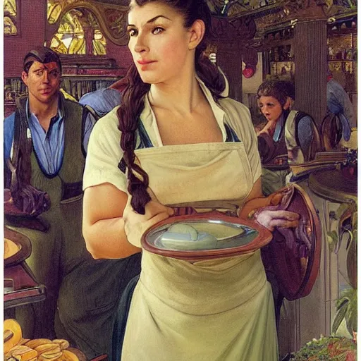 Prompt: epic portrait an muscular waitress wearing short sleeved uniform and carrying food, goddess, detailed, centered, digital painting, artstation, concept art, donato giancola, Dante Gabriel Rossetti, alphonse mucha, Joseph Christian Leyendecker, WLOP, Boris Vallejo, Annie Leibovitz and Steve McCurry, David Lazar, Jimmy Nelsson, Breathtaking, 8k resolution, extremely detailed, beautiful, establishing shot, artistic, hyperrealistic, beautiful face, octane render