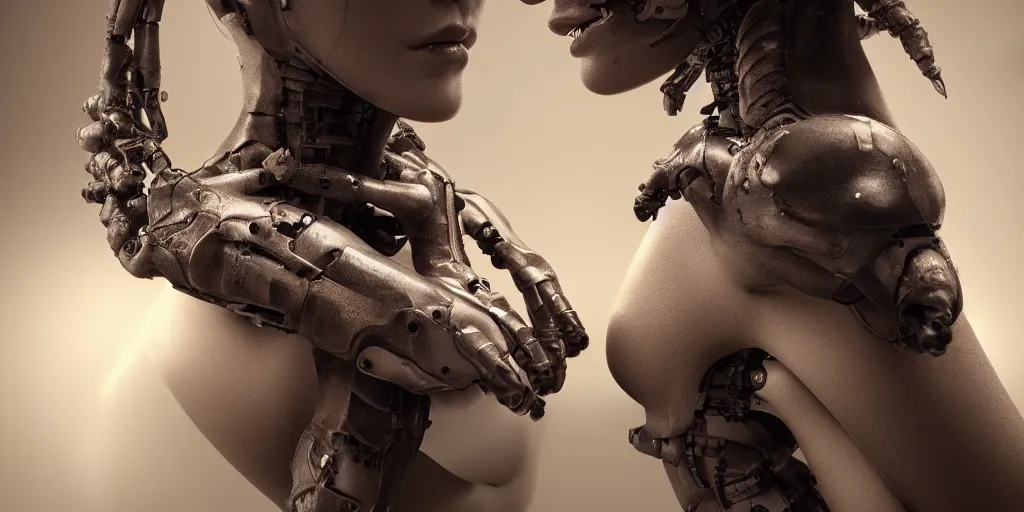Image similar to photorealistic gorgeous symmetrical female cyborg, holding intimately, holding hands, highly detailed, arms, back, intricate, in the style of westworld, beth cavener, jin kagetsu, wlop, masterpiece, concept art, high key lighting, ambient lighting, octane render, 8 k, artstation