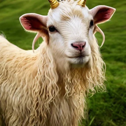 Image similar to real life photo of a beautiful Guernsey golden goat, full body photoshoot, curly golden hair, brown watery eyes, full round face, short smile, short horns, serene field setting, cinematic lightning, medium shot, mid-shot, highly detailed, trending on artstation, Unreal Engine 4k, 80mm, 85mm, cinematic wallpaper