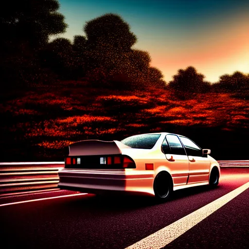 Image similar to a car drifting Toyota JZX100 in middle of road, gunma prefecture, city sunset, cinematic color, photorealistic, highly detailed, bokeh