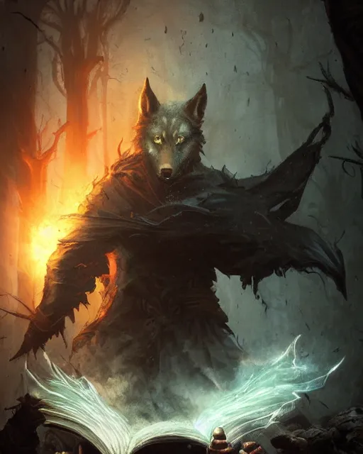 Prompt: Dark Wolf Mage, spell, fog, potion, magic the gathering artwork, D&D, fantasy, cinematic lighting, centered, symmetrical, highly detailed, digital painting, artstation, concept art, smooth, sharp focus, illustration, volumetric lighting, epic Composition, 8k, art by Akihiko Yoshida and Greg Rutkowski and Craig Mullins, oil painting, cgsociety