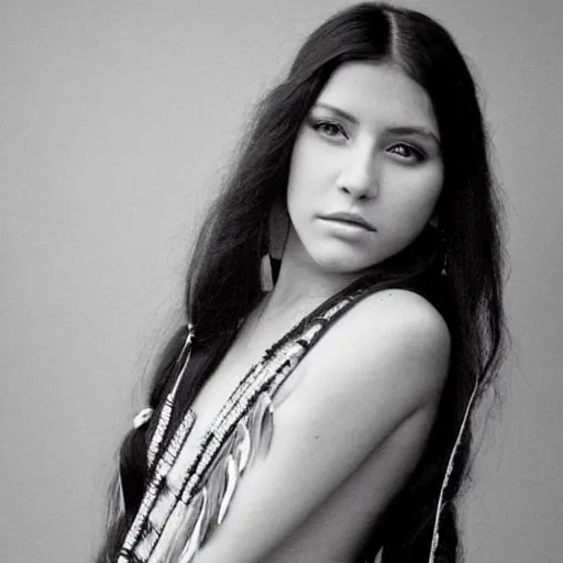 Prompt: clear photo of a beautiful and young female singer of native american descent taken in 1 9 7 6, high quality, highly detailed 7 0 s style photography, long dark hair, elegant pool, trending on pinterest, aesthetically beautiful, elegant, studio photography