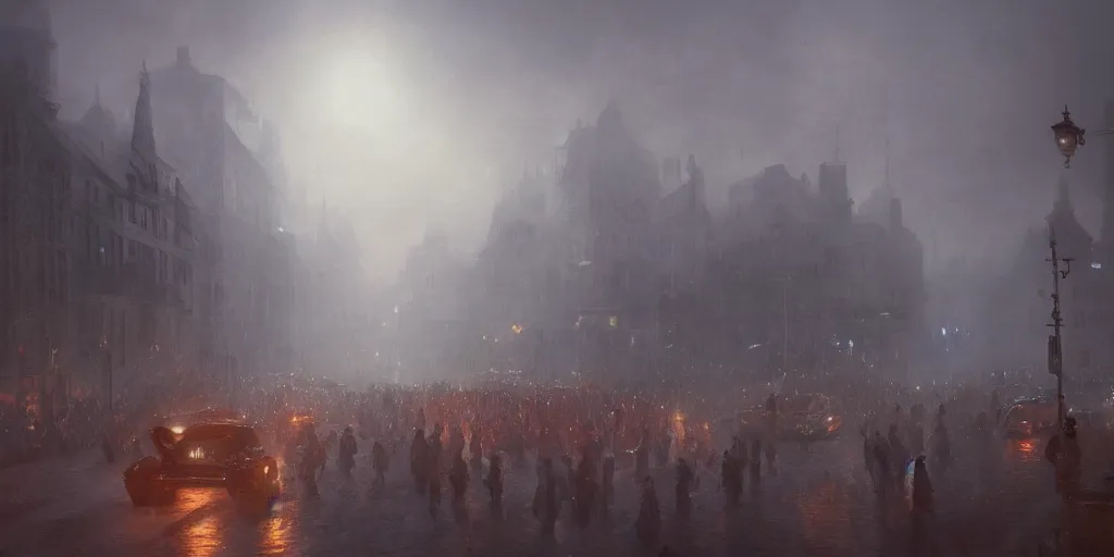 Image similar to a thick swirling fog during a parade, soft lighting, night, unreal engine, digital art, 8 k, oil painting, fantasy art, illustration, detailed and intricate environment