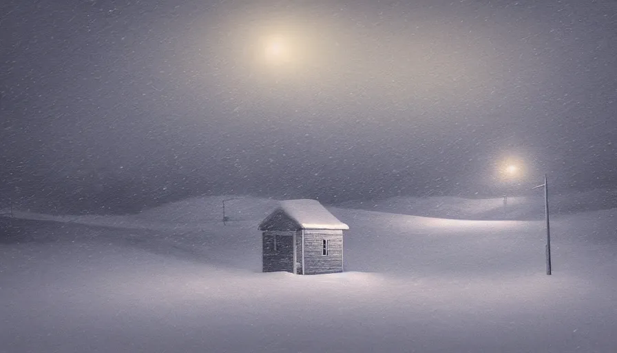 Prompt: Snowy Landscape with Blizzard! in a snowstorm!, a single Small shack in the distance with orange lights in the windows, snowstorm, digital art, highly detailed, blizzard, 4k