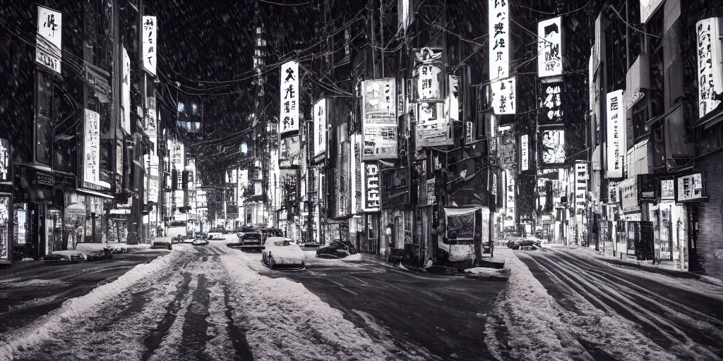 Image similar to a city street at night, snowing, photograph, cyberpunk, sharp focus, intricate detail, Desolate, drone shot, high resolution, 8k, neon streetlights, wires hanging down everywhere, Japan