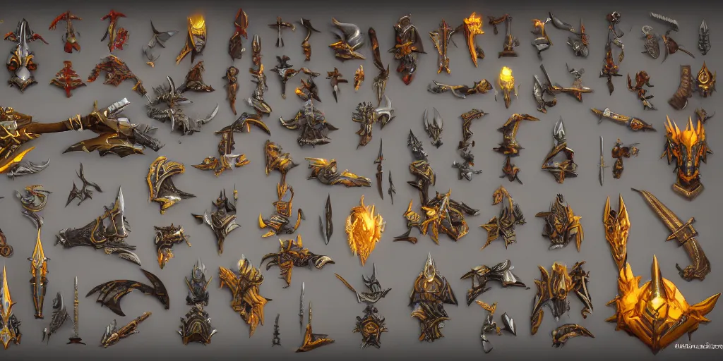 Prompt: fantasy world of warcraft weapons and treasure, hard surface, collection, kitbash, parts, artstation, 8k, Shape and form