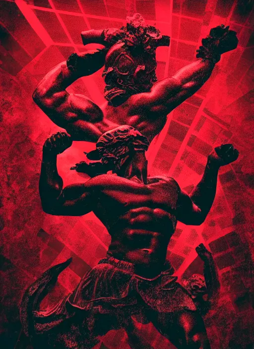 Prompt: black background, statue of hercules, skulls, thin lines, dark, red grid, glitch art, neo vaporwave, gritty, movie poster, trending on artstation