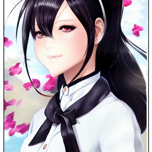 Image similar to luxury advertisement, astonishing portrait of a very beautiful anime high-school girl with black hair ponytail, white ribbon, full perfect face, realistic, highly detailed background, artstation, 120 degree view, drawn by Sasoura, Satchely and Akihiko Yoshida, no distortion