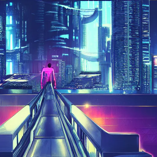 Image similar to a man standing on top of a bridge over a city, cyberpunk art by Vincent Lefevre, behance contest winner, altermodern, cityscape, synthwave, matte painting