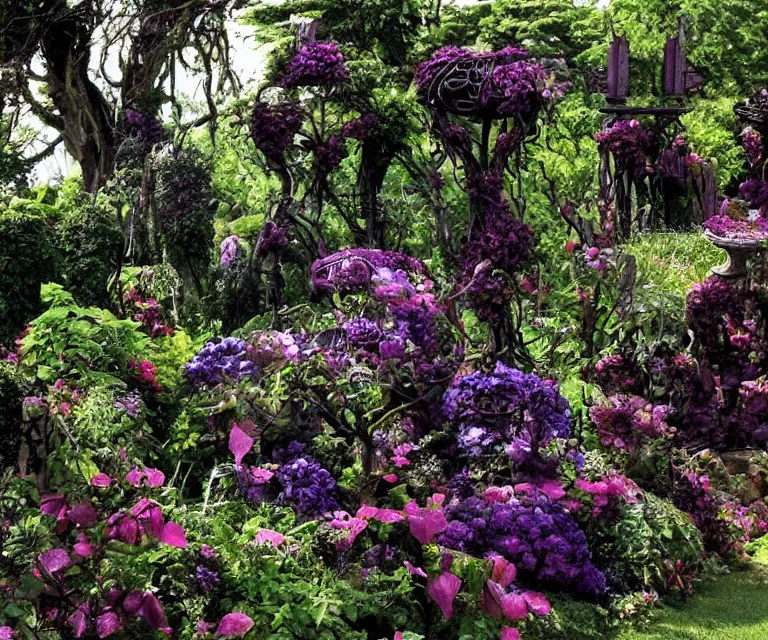 Image similar to fantasy garden, purple vines, black roses, black thorns, eerie, old statues