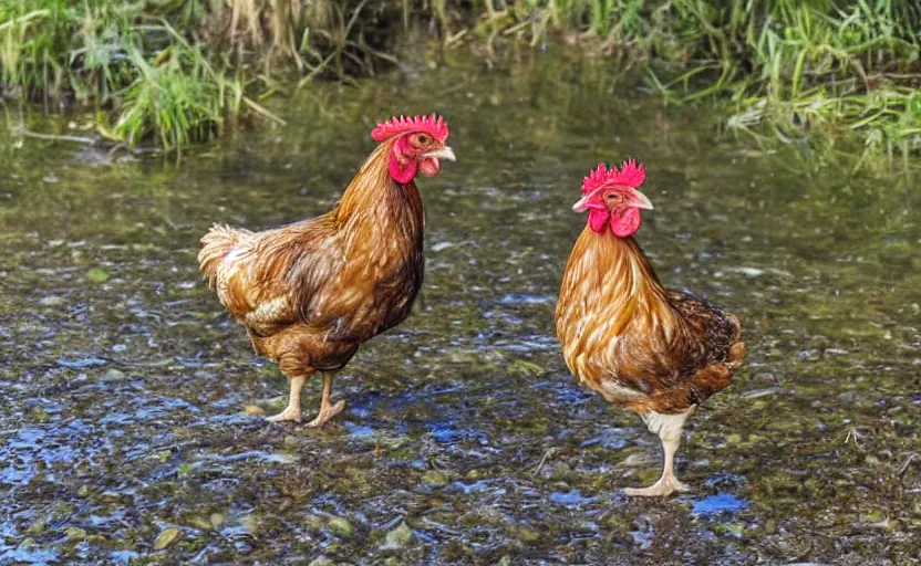 Prompt: Photograph of a chicken drinking from a river