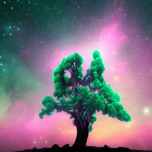 Image similar to dioptase crystal tree with a starry sky, 4 k, trending on artstation