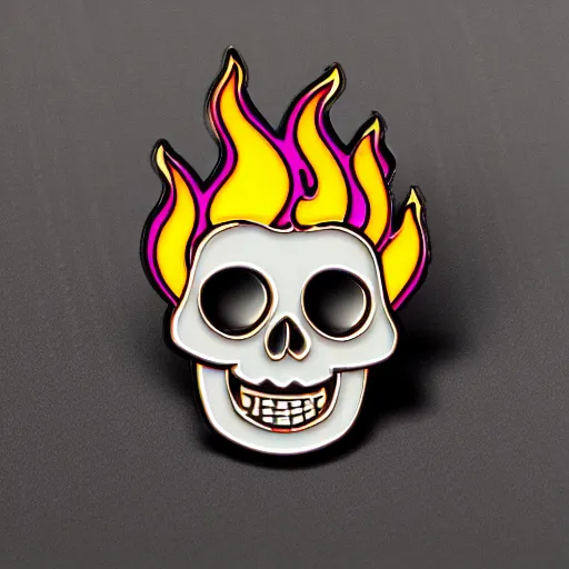 Prompt: a retro minimalistic wide smiling skull with fire flame enamel pin, hd, concept art