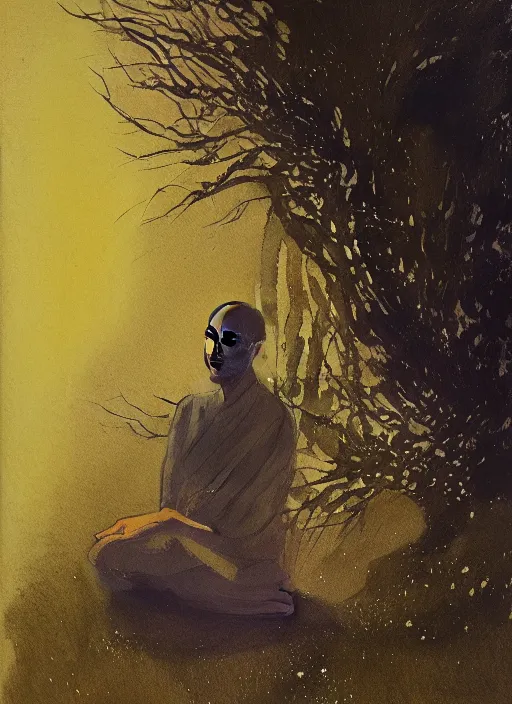 Image similar to portrait of Alan wats dressed like a zen monk meditating besides a tree, Using Stable Diffusion to paint, Odilón redon watercolor, dramatic lighting, cinematic, establishing shot, extremly high detail, foto realistic, cinematic lighting, pen and ink, intricate line drawings, by Yoshitaka Amano, Ruan Jia, Kentaro Miura, Artgerm, post processed, concept art, artstation, matte painting, style by eddie mendoza, raphael lacoste, alex ross