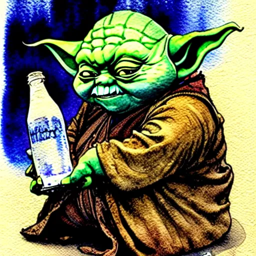 Prompt: a realistic and atmospheric watercolour fantasy character concept art portrait of a fat chibi homeless yoda wearing a wife beater drinking out of a broken bottle, by rebecca guay, michael kaluta, charles vess and jean moebius giraud