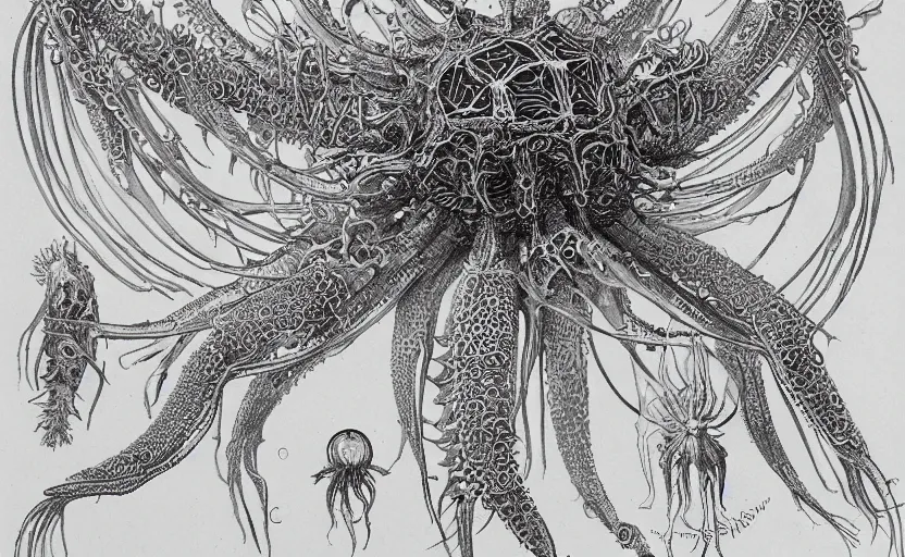 Prompt: sci - fi biomechanical, monster character design, fantasy. intricate jellyfish crab eagle lizard biomechanical. by ernst haeckel