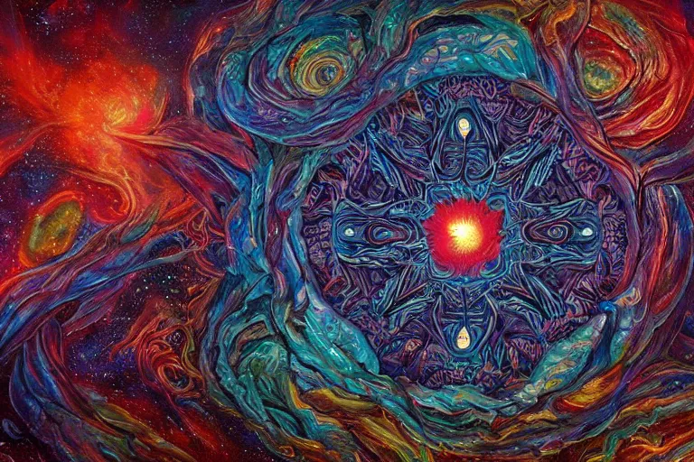 Image similar to a giant mandala of skulls and flesh with deep and intricate rune carvings and twisting lovecraftian tentacles emerging from a space nebula by dan mumford, twirling smoke trails, a twisting vortex of dying galaxies, collapsing stars, digital art, photorealistic, vivid colors, highly detailed, intricate