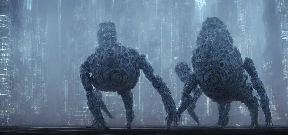 Image similar to a complex organic fractal 3 d metallic symbiotic ceramic humanoid megastructure creature invading a city, foggy, cinematic shot, photo still from movie by denis villeneuve, wayne barlowe