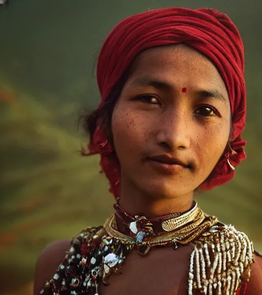 Image similar to vintage_closeup portrait_photo_of_a_stunningly beautiful_nepalese_maiden with amazing shiny eyes in the himalayan mountains by Annie Leibovitz