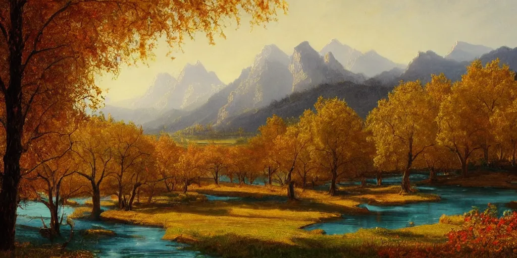 Image similar to A painting of winery in autumn, with a river winding through them. In the distance, there are mountains. by bob ross, Albert Bierstadt, immaculate scale, hyper-realistic, trending on Artstation, 8k, detailed, atmospheric, immaculate