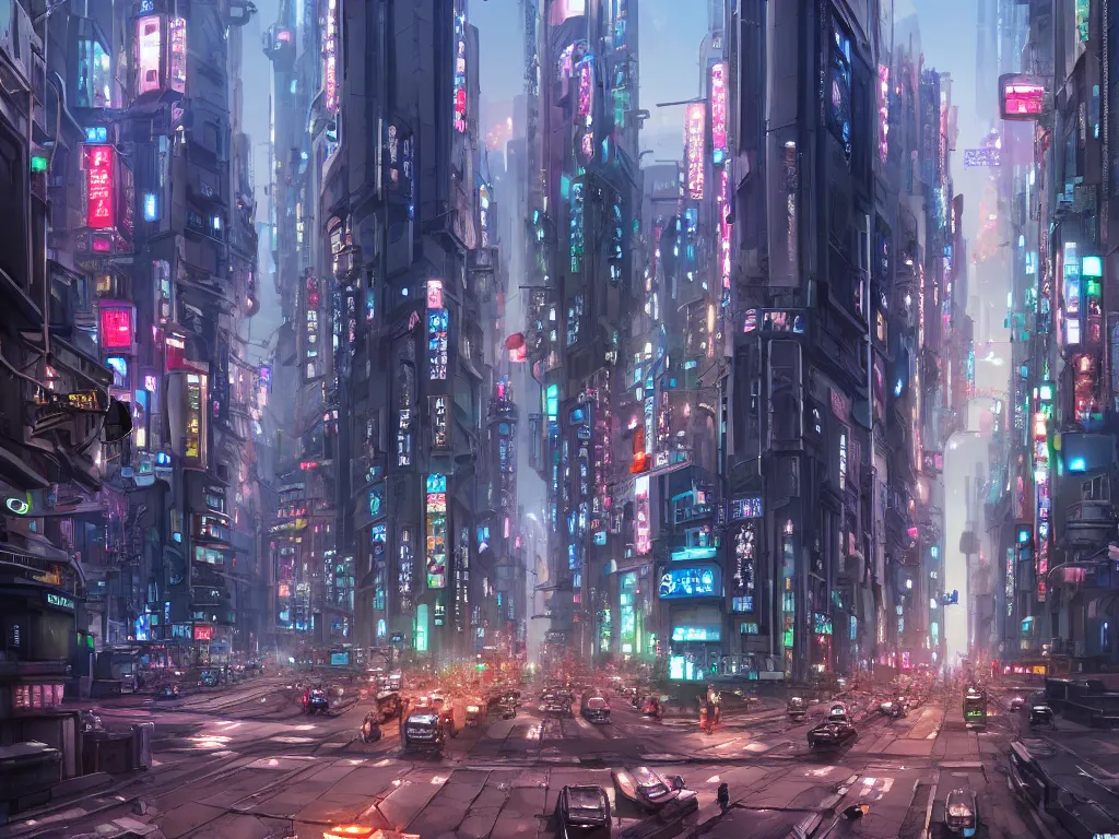 Prompt: Beautiful matte painting of an Epic street scene of a beautiful futuristic Tokyo, lots of signs, gigantic skyscrapers, edge highlights, by Rui Huang and Alejandro Burdisio and WLOP, Madhouse Inc., anime style, Street level view, illustration, concept art, cgsociety, trending on artstation