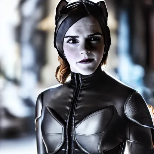 Prompt: Emma Watson as Catwoman, XF IQ4, f/1.4, ISO 200, 1/160s, natural light, Adobe Lightroom, DxO Photolab, polarizing filter, Sense of Depth, AI enhanced, HDR