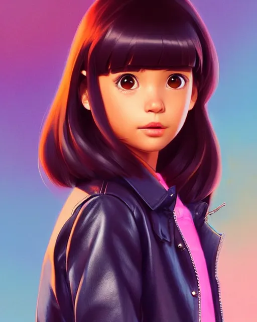 Image similar to real girl dora the explorer wearing leather jacket, fine detail!! anime!! realistic shaded lighting!!, kim hyun joo, digital painting by ilya kuvshinov, magali villeneuve, artgerm, jeremy lipkin and michael garmash and rob rey