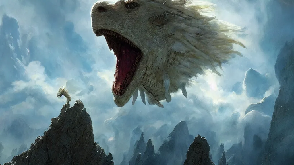 Prompt: falkor flying through the nothing. the neverending story movie. greg rutkowski. sunlit undertones. 3 8 4 0. 2 1 6 0.