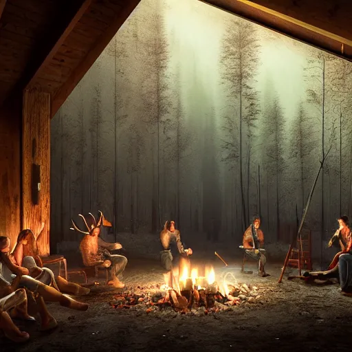Prompt: Many american natives sitting inside a large underground wooden cabin around a fireplace with wooden walls, wet ground, a traditionally decorated shaman dances around the fire, huge blue self-luminous glowing cloud ghosts flies above the fireplace, foggy atmosphere, night, cinematic lighting, octane render, concept art, Jeffrey Jacob Abrams, Steven Spielberg, John Sweeney, Craig Mullins, artstation,