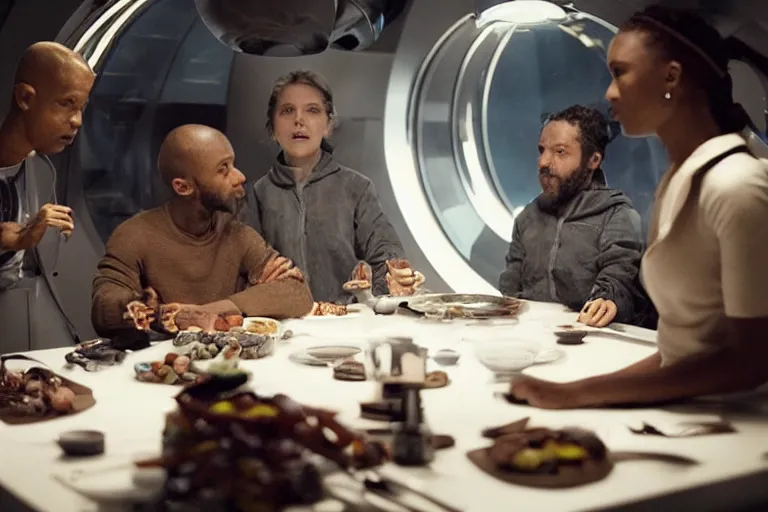 Image similar to movie closeup diverse interracial small team of European sci-fi futuristic space explorers talking at the table in a spaceship kitchen, beautiful skin, Symmetrical faces. Beautiful lighting by Emmanuel Lubezki