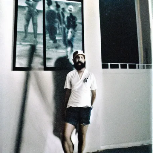 Image similar to fidel castro wearing denim shorts, full body portrait, 3 5 mm film, by nan goldin