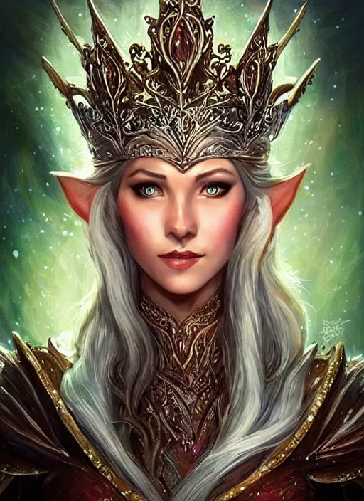 Image similar to elegant beautiful elven queen wearing a crown, ultra detailed fantasy, dndbeyond, bright, colourful, realistic, dnd character portrait, full body, pathfinder, pinterest, art by ralph horsley, dnd, rpg, lotr game design fanart by concept art, behance hd, artstation, deviantart, hdr render in unreal engine 5