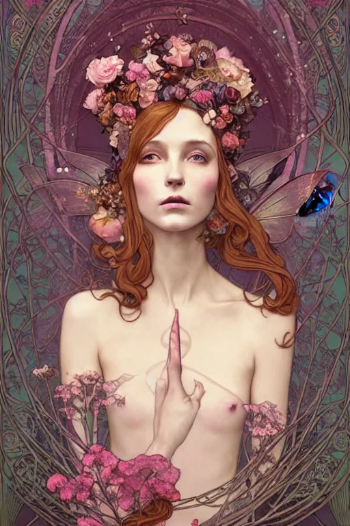 Image similar to full length portrait of a beautiful mysterious fairy with flowery headgear, no hands, by eve ventrue, michael carson, andreas rochas, john watkiss, casey weldon, artgerm. art nouveau. tarot card by mucha. gloomhaven. swirly intricate linework background. gaudy colors, sharp edges. octane render