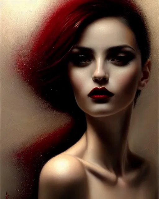 Prompt: portrait of a beautiful classy beautiful woman, enigmatic beauty, dominant shades of black, gold silver, dark red, white, head in focus, fantasy art, ornamental aesthetics, intricate, elegant, highly detailed, hyperrealistic, fine art, artstation, concept art, painterly, sharp focus, hasselbrad photography, art by karol bak
