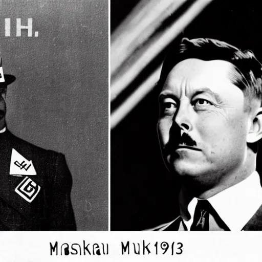 Prompt: Elon Musk as Adolf Hitler, 1943, black and white photo