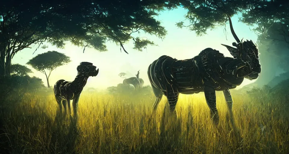 Prompt: distant cyberpunk wildlife on the african plains, long grass, sparkling water, glistening, clear blue sky, midday sun, mirage, hyper realistic, hyper detailed, digital art, trending in artstation, cinematic lighting, vibrant, studio quality, photorealistic, photo, by jesper ejsing, wlop, paul lehr