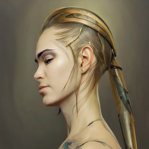 Image similar to tattoo design, a professional painting of a beautiful young female, partially clothed in battle armor, olive skin, long dark hair, beautiful bone structure, symmetrical facial features, intricate, elegant, digital painting, concept art, smooth, sharp focus, illustration, from Metal Gear, by Ruan Jia and Mandy Jurgens and Greg Rutkowski and Artgerm and William-Adolphe Bouguerea and artgerm, cat girl, anime