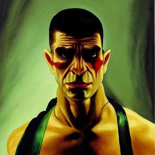 Prompt: beautiful painting of an orc that looks like travis bickle from taxi driver, cinematic lighting