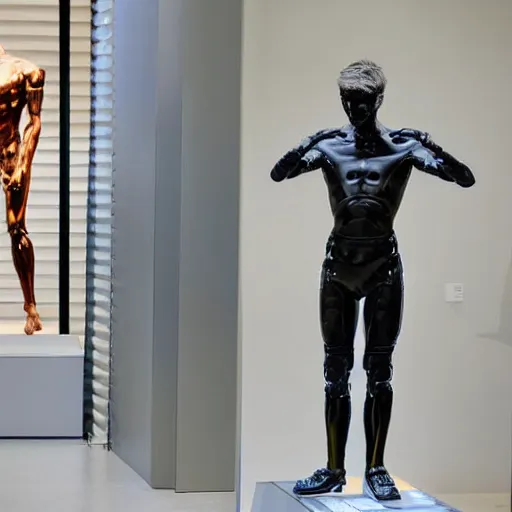 Image similar to a realistic detailed photo of a guy who is an attractive humanoid who is half robot and half humanoid, who is a male android, twitch streamer ninja tyler blevins, shiny skin, posing like a statue, blank stare, at the museum, on display