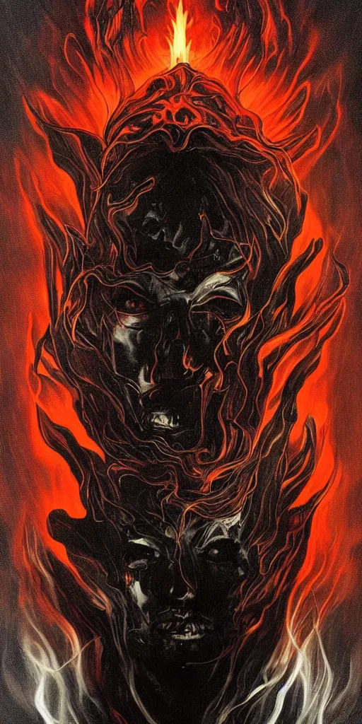 Image similar to intense glowing black metal pagan god with horn and intense black eyes with a skull on fire in very dark nebula by artgerm and alphonse mucha and beksinski, portrait, fantasy, clear, fire, light beams, lens flare, soft, uhd, amazing depth, cinematic lighting, black and red and white and yellow