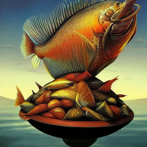 Image similar to surprised fish sitting on the top of a pile of fish, all the fish are inside a cooking pot on fire, side view, by vladimir kush, dystopian art, rococo