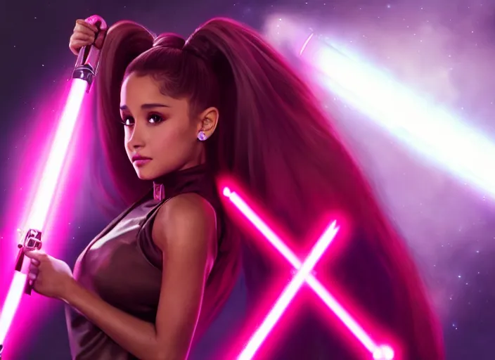 Image similar to An extremely detailed photo of Ariana Grande in the Star Wars universe witha pink lightsaber held in one hand Maximum detail on artstation, photo realism, vivd details, vivd colour, volumetric lighting. anime art style