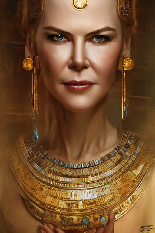 Image similar to Nicole Kidman as egyptian princess, gorgeous, portrait, powerful, intricate, beautiful, masterpiece, elegant, volumetric lighting, digital painting, highly detailed, artstation, sharp focus, illustration, Hajime sorayama, ruan jia