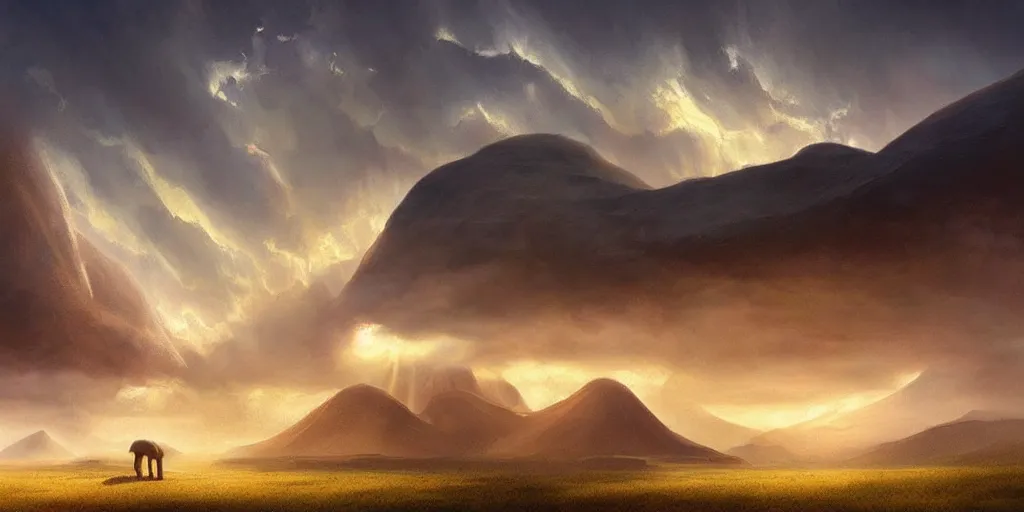 Image similar to a mystical mountain shaped as a diplodocus, clouds, digital illustration, james gurney, cinematic lighting, detailed, mysterious,