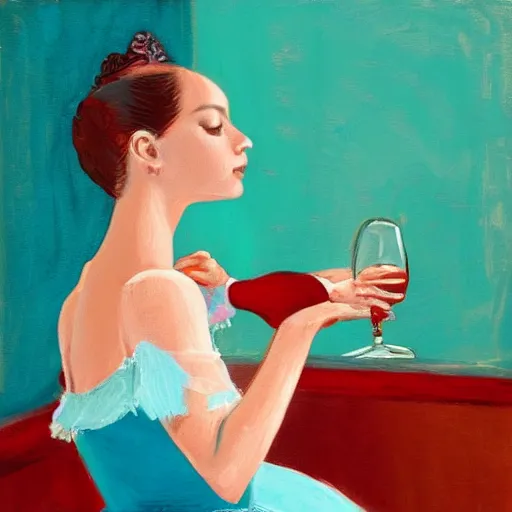 Image similar to painting of a ballerina drinking wine in a teal room, red background